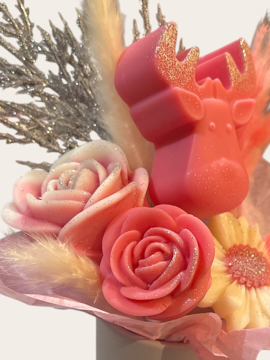 Fleurs parfumées en cire Éclipse de Lune et renne décoratif rose pailleté