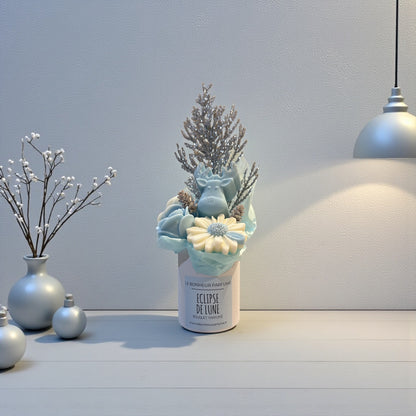 Bouquet parfumé Bleu Glacial avec fleurs en cire et renne bleu, parfum Éclipse de Lune